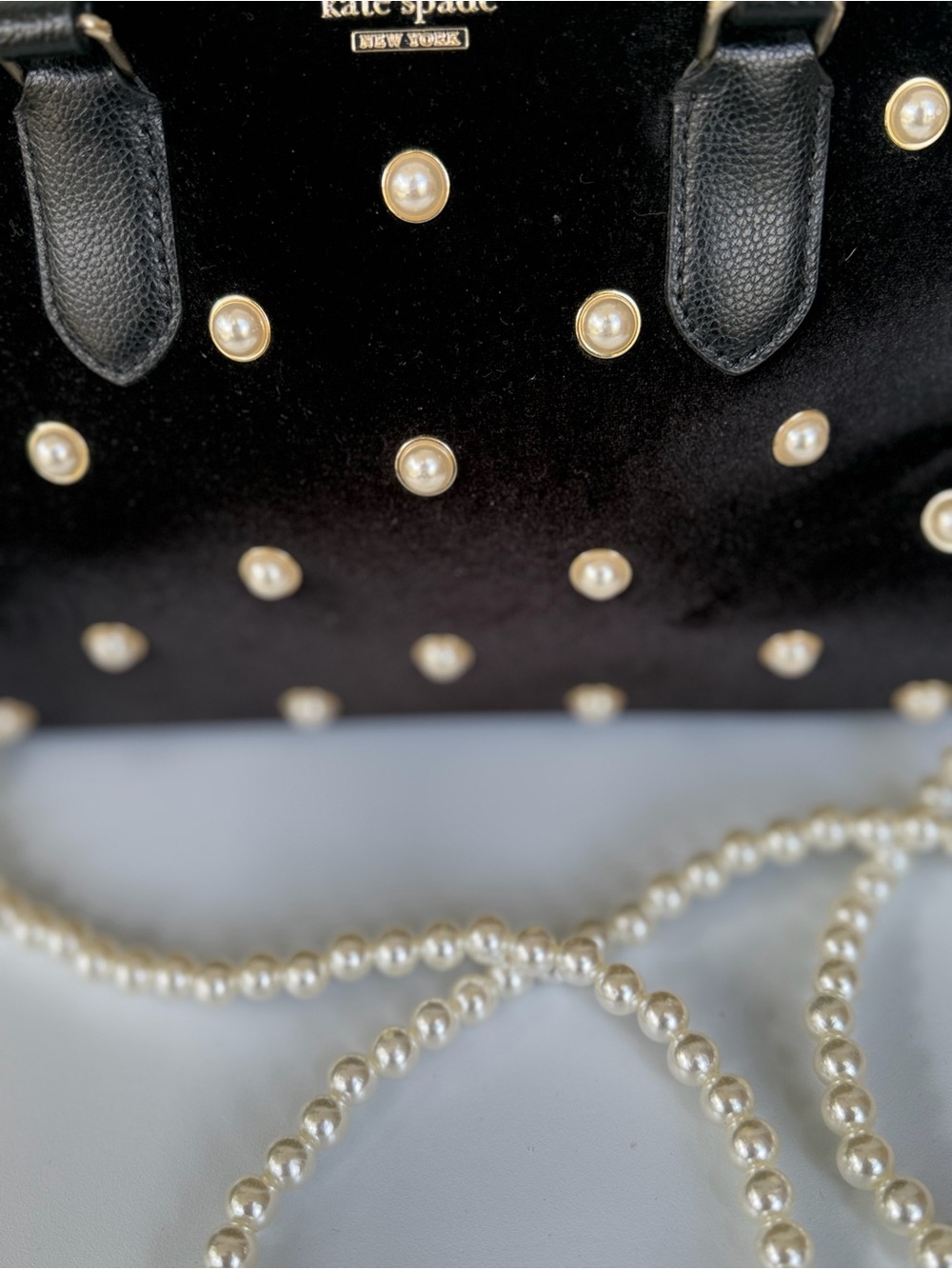 Kate Spade New York Black Velvet Pearl Embellished Satchel